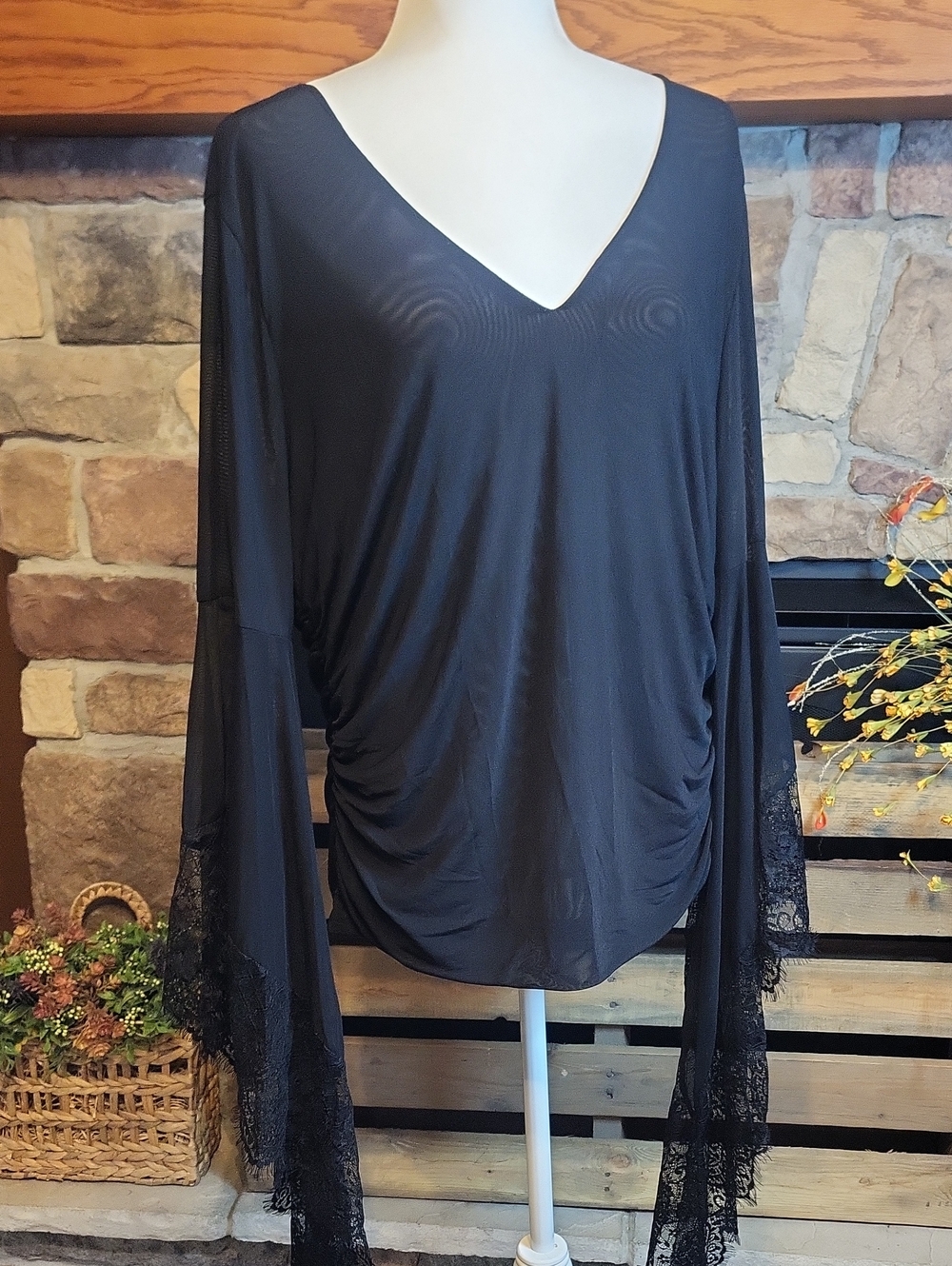 Black V-Neck Lace-Sleeve Tunic Top